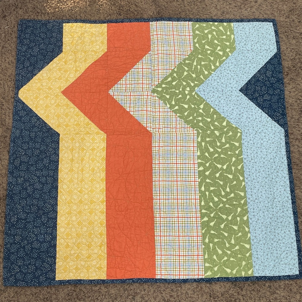 Handmade Modern Patchwork Baby Quilt Chevron Geometric Blue Yellow 36"X36" - Picture 1 of 3